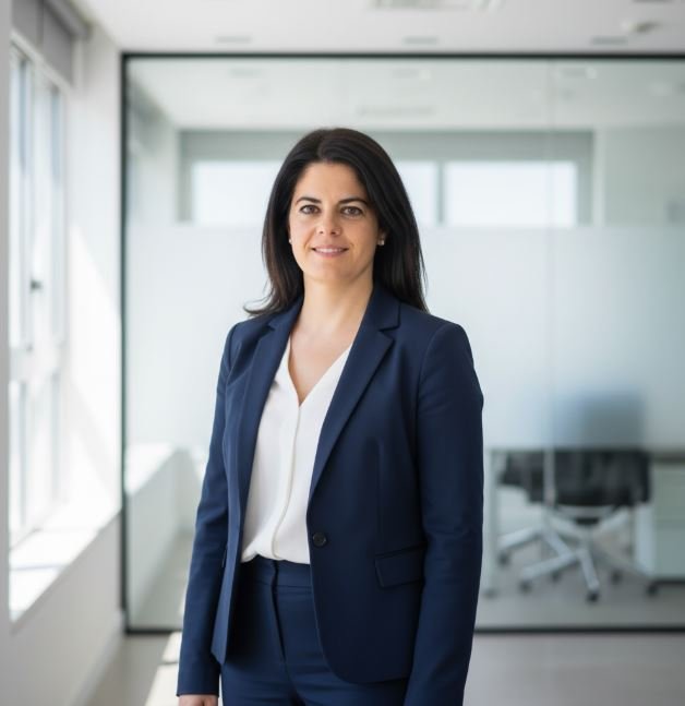 Retrato profesional de Carmen, asesora y consultora experta en estrategia empresarial, con fondo de oficina moderna